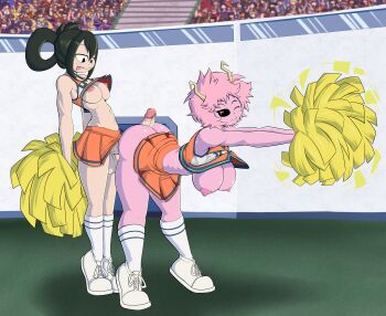 1futa 1girl :p absurdres arena ashido_mina ass asui_tsuyu audience black_hair black_sclera boku_no_hero_academia breasts breasts_out buttjob cheerleader colored_sclera colored_skin crowd dot_nose erection exhibitionism functionally_nude futa_with_female futanari gym_uniform hair_rings highres horns large_breasts large_penis looking_back medium_breasts miniskirt nipples no_panties one_eye_closed outstretched_arms penis penis_out pink_hair pink_skin pom_pom_(cheerleading) precum public_indecency shoes short_hair skirt slashysmiley sneakers stadium testicles tiptoes tongue tongue_out yellow_eyes