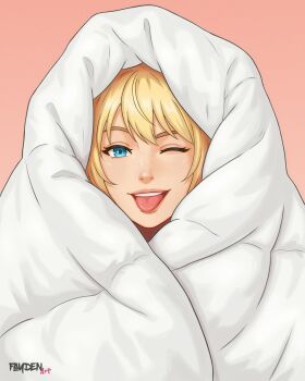 absurdres artist_logo artist_name artist_request blonde_hair blue_eyes blue_pupils character_request commentary english_commentary eyelashes freckles happy head_only highres logo one_eye_closed open_mouth original pink_background pink_lips teeth tongue tongue_out upper_teeth_only