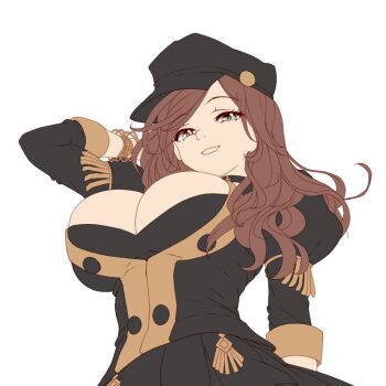 1girl bracelet breasts brown_hair cleavage dorothea_arnault fire_emblem fire_emblem:_three_houses garreg_mach_monastery_uniform green_eyes hat jewelry large_breasts long_hair nintendo solo yanmarson