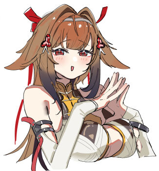 1girl absurdres armlet blush bracelet breasts brown_hair china_dress chinese_clothes clover_hair_ornament commentary detached_sleeves dress droopy_ears fox_girl gradient_hair hair_ornament headband highres jewelry large_breasts massivedoontwei multicolored_hair own_hands_together red_eyes ribbon underboob white_background ye_shunguang zenless_zone_zero