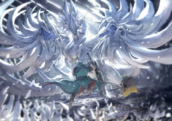 Rule 34 | 1other, absurdres, armor, back, backpack, bag, boots, coat, commentary, dragon, dutch angle, felyne, gauntlets, glint, greatsword, highres, holding, holding sword, holding weapon, hood, hooded coat, hope (armor), hope (palico armor), monster, monster hunter (character), monster hunter (series), monster hunter wilds, no eyes, planted, planted sword, planted weapon, player palico, shoulder armor, size difference, sword, touro, weapon, winged arms, wings, zoh shia