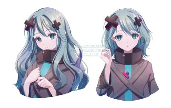 Rule 34 | 1girl, alternate costume, aqua eyes, aqua hair, batsu miku, closed mouth, coat, commentary request, grey coat, hair between eyes, hair ornament, hatsune miku, highres, kowareta sekai to utaenai miku, long hair, looking at viewer, official alternate costume, official alternate hairstyle, open mouth, parted lips, project sekai, rimu 1112, short hair, simple background, upper body, very long hair, vocaloid, watermark, wavy hair, white background, x hair ornament