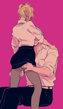 1boy 1girl affectionate between_legs blonde_hair collared_shirt commentary_request couple fishnet_pantyhose fishnets gintama hatch_(8cco) highres pantyhose sakata_gintoki shirt skirt teacher tsukuyo_(gintama) white_hair