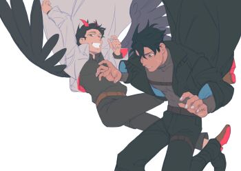 Rule 34 | 2boys, :d, black coat, black eyes, black shirt, black wings, chest belt, coat, collared shirt, commentary, demon horns, falling, feathered wings, full body, grin, horns, kim dokja, knees up, looking at viewer, male focus, multiple boys, nemomosso, official alternate costume, omniscient reader's viewpoint, open clothes, open coat, open mouth, outstretched arms, popped collar, shirt, smile, symbol-only commentary, white coat, wings, yoo joonghyuk