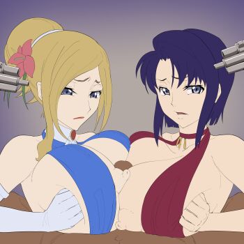 2girls absurdres blonde_hair blue_eyes breasts code_geass cooperative_paizuri dark-skinned_male dark_skin facing_viewer forced gun gun_to_head highres interracial iwao178 large_breasts milly_ashford multiple_girls paizuri purple_hair short_hair teamwork_(sexual) threatening weapon