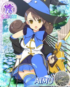 1girl :o aimu_(senran_kagura) arrow_(projectile) between_fingers black_cape blue_bow blue_bowtie blue_flower blue_skirt blue_thighhighs border bow bow_(weapon) bowtie breasts brown_eyes cape card_(medium) character_name crossbow curled_ends curly_hair day detached_sleeves field flower flower_field game_cg hair_ornament hairclip hand_on_own_hip hat holding holding_arrow holding_crossbow holding_weapon knee_up large_breasts large_hat looking_at_viewer low_twintails official_art pleated_skirt senran_kagura senran_kagura_new_wave sitting skirt solo swept_bangs thighhighs twintails vest weapon white_vest witch witch_hat