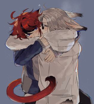 2boys ahoge animal_ears aotsuki_eito black_streaks blue_eyes blue_jacket blush cat_boy cat_ears cat_tail closed_eyes drooling face-to-face facing_another grey_background grey_hair grey_jacket highres hug jacket kemonomimi_mode licking looking_at_another male_focus multicolored_hair multicolored_jacket multiple_boys rabbit_ears rabbit_tail red_hair ringed_eyes short_hair simple_background straddling streaked_hair sumino_takumi sunglasses sweat syuu_1125 tail the_hundred_line_-last_defense_academy- two-tone_jacket white_jacket yaoi