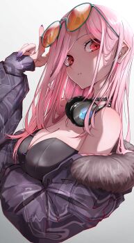 1girl absurdres adjusting_eyewear aqui2002 bare_shoulders black_choker black_corset black_jacket breasts choker closed_mouth commentary corset fingernails green-framed_eyewear grey_background headphones headphones_around_neck highres hololive hololive_english jacket large_breasts long_hair long_sleeves mori_calliope mori_calliope_(rock_bunny) multicolored_hair nail_polish open_clothes open_jacket orange-tinted_eyewear pink_eyes pink_hair purple_nails solo streaked_hair tinted_eyewear two-tone_hair virtual_youtuber