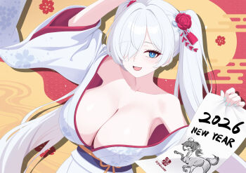 1girl 2026 :d blue_eyes breasts cinderella_(nikke) cleavage doro_(nikke) goddess_of_victory:_nikke hair_over_one_eye highres holding japanese_clothes kimono large_breasts long_hair nengajou new_year open_mouth smile solo tsai_gi twintails very_long_hair white_hair white_kimono