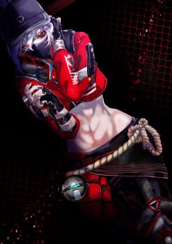 1girl abs absurdres animification apex_legends baseball_cap black_gloves black_hat black_nails black_pants chain-link_fence cropped_jacket eyeshadow fence fingerless_gloves gloves grey_hair hat highres jacket knee_pads long_sleeves looking_at_viewer makeup mask midriff mouth_mask navel ninja_mask official_alternate_costume pants red_eyes red_eyeshadow red_jacket same-tan solo street_smart_wraith streetwear wraith_(apex_legends)