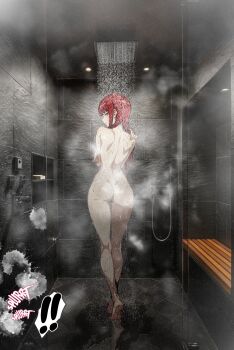 1girl chainsaw_man completely_nude from_behind highres long_hair makima_(chainsaw_man) nude photo_background red_hair showering solo standing steam syrup_shorts