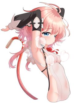 1girl absurdres alf_(silver_palace) arm_up armpits arms_behind_head arms_up artist_name artist_request blue_eyes blush breasts female_focus highres leotard loli looking_at_viewer narrow_waist pink_hair short_hair silver_palace slender small_breasts solo solo_focus tail