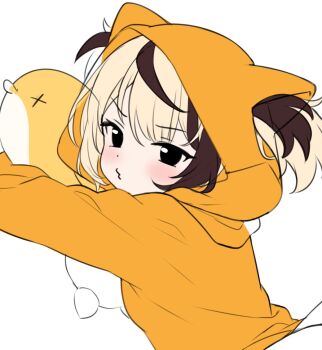 1girl blonde_hair blush brown_hair commentary english_commentary from_side gigi_murin grem_(gigi_murin) hair_through_headwear hitsukuya hololive hololive_english hood hood_up hugging_object looking_at_viewer looking_to_the_side multicolored_hair onesie puckered_lips simple_background two-tone_hair unfinished upper_body virtual_youtuber white_background