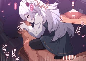 1boy 1girl assertive_female bar_censor black_pantyhose black_shoes blue_archive bookshelf censored clothed_female_nude_male dress force-feeding french_kiss girl_on_top half-closed_eyes halo hands_on_another's_face heart hetero highres kanoe_(blue_archive) kiss knee_up loli long_hair long_sleeves looking_at_another multiple_views nude orange_eyes orange_halo pantyhose penis pinafore_dress robo_mikan shirt shoes sleeve_cuffs sleeveless_dress tongue tongue_out trembling very_long_hair wavy_hair white_shirt