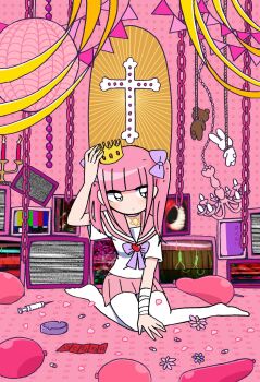 1girl adjusting_clothes adjusting_headwear balloon black_eyes blunt_bangs bow chain chandelier closed_mouth condom condom_balloon condom_wrapper cross crown expressionless ezaki_bisuko hair_bow heart highres menhera-chan_(ezaki_bisuko) menhera-chan_(ezaki_bisuko)_(character) no_shoes noose petals pill pink_hair pink_petals pink_sailor_collar pink_skirt pink_theme pleated_skirt purple_bow sailor_collar school_uniform serafuku short_twintails skirt solo static stuffed_animal stuffed_rabbit stuffed_toy syringe teddy_bear television thighhighs twintails white_serafuku white_thighhighs yami_kawaii
