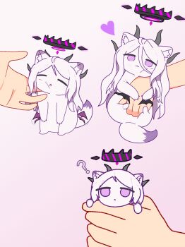 1girl 1other absurdres ahoge animal_ears animalization black_halo blue_archive chibi commentary_request demon_girl demon_horns demon_wings duwani full_body halo heart highres hina_(blue_archive) horns long_hair low_wings ponta_itachi purple_eyes tail white_hair wings