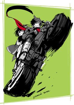 Rule 34 | 03 kyv, 1boy, 1girl, artist name, belle (zenless zone zero), black gloves, black jacket, border, clenched teeth, commentary request, floating scarf, gloves, green background, hair over one eye, highres, jacket, lighter (zenless zone zero), looking at another, motor vehicle, motorcycle, on motorcycle, open mouth, parted lips, red scarf, scarf, short hair, spiked jacket, sunglasses, sweatdrop, teeth, torn clothes, torn scarf, white border, zenless zone zero