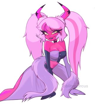 1girl blitzocircus breasts colored_sclera colored_skin commentary demon_girl demon_horns english_commentary hellaverse helluva_boss highres horns large_breasts long_hair looking_at_viewer pink_skin solo twintails verosika_mayday yellow_sclera