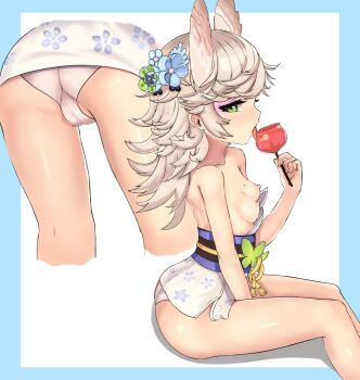 1girl animal_ears ass azur_lane bare_arms bare_legs bare_shoulders blush breasts butterfly_ornament cameltoe candy_apple collarbone commentary_request eating feet_out_of_frame female_focus flower food from_below from_side green_eyes grey_hair hair_flower hair_ornament highres japanese_clothes kimono kitakaze_(azur_lane) kitakaze_(celebration_conquest!)_(azur_lane) licking loli looking_at_viewer maryn medium_hair mole mole_on_breast mtu_virus multiple_views nipples obi panties pantyshot sash shiny_skin sidelocks small_breasts thighs tongue tongue_out underwear yukata