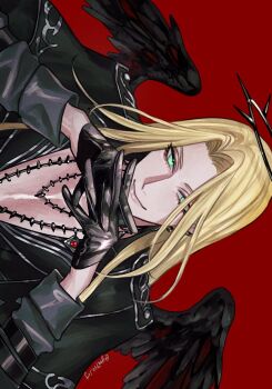 ashkariel black_gloves black_halo black_wings blonde_hair chain feathered_wings first_stage_production gloves green_eyes halo highres light_smile long_hair long_sleeves looking_at_viewer red_background wings yui930