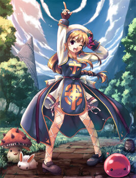 1girl :3 arch_bishop_(ragnarok_online) archbishop_(ro) bad_id bad_pixiv_id ball blonde_hair braid cloud day female_focus hat long_hair lunatic_(ragnarok_online) monster one_eye_closed poring pupa_(ragnarok_online) ragnarok_online sky solo spore spore_(ragnarok_online) tree wink yakka