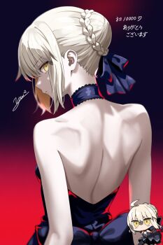 1girl artoria_pendragon_(fate) backless_dress backless_outfit bare_back black_dress blonde_hair braid breasts bun_with_braided_base chinese_commentary commentary_request dress fate/grand_order fate_(series) hair_bun hair_ribbon highres looking_at_viewer ribbon saber_alter saber_alter_(third_ascension) single_hair_bun solo translation_request yellow_eyes yui_s_omiya