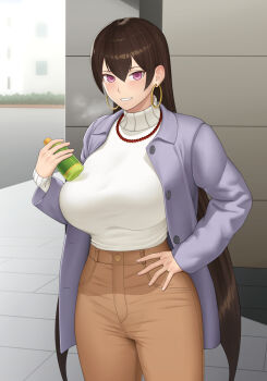 1girl absurdres bead_necklace beads blush bottle breasts brown_hair brown_pants commentary_request earrings fate/grand_order fate_(series) gonoike_biwa grin high-waist_pants highres hoop_earrings jacket jewelry large_breasts long_hair long_sleeves looking_at_viewer necklace pants purple_eyes purple_jacket smile solo sweater turtleneck turtleneck_sweater white_sweater xuangzang_sanzang_(fate)