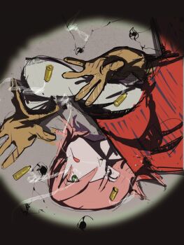Rule 34 | 1girl, bullet, bullet hole, flcl, gloves, green eyes, hair between eyes, haruhara haruko, highres, pink hair, pink punk ponk, short hair, spotlight, tongue, tongue out, upside-down, yellow gloves