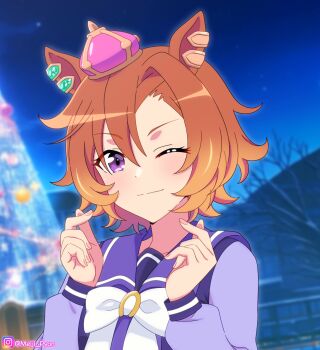 1girl animal_ears blush bow bowtie breasts christmas christmas_tree closed_mouth crown ear_ornament finger_heart hair_between_eyes hat highres horse_ears horse_girl long_sleeves looking_at_viewer meiji_(kurumierika) mini_crown night one_eye_closed orange_hair outdoors pink_crown purple_eyes purple_sailor_collar purple_serafuku purple_shirt sailor_collar sailor_shirt school_uniform serafuku shirt short_hair sky smile solo t.m._opera_o_(umamusume) tracen_school_uniform umamusume upper_body white_bow white_bowtie