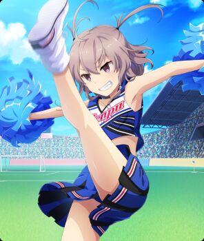 1girl armpits audience bleachers blue_shirt blue_skirt blue_sky brown_hair cheerleader clothes_writing cloud cowboy_shot crop_top day dot_nose game_cg grin hair_ornament kicking loose_socks midriff motion_blur official_art outdoors outstretched_arms pom_pom_(cheerleading) purple_eyes shichinosato_kofuki shirt shoes short_hair sidelocks skirt skull_hair_ornament sky sleeveless sleeveless_shirt smile sneakers socks solo_focus spread_arms stadium third-party_source toji_no_miko toji_no_miko:_kizamishi_issen_no_tomoshibi twintails white_shoes white_socks