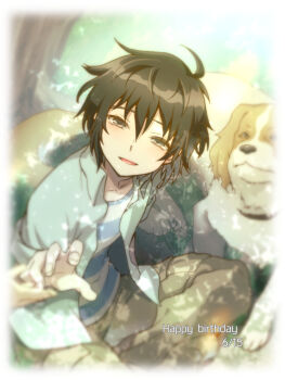 Rule 34 | 1boy, black hair, blurry, brown eyes, collared shirt, commentary request, dated, depth of field, dog, dutch angle, green skirt, happy birthday, light particles, looking at viewer, male focus, masaoka ryou, nagi (exsit00), pants, puku (fafner), shirt, short hair, short sleeves, skirt, smile, solo, soukyuu no fafner, striped clothes, striped shirt
