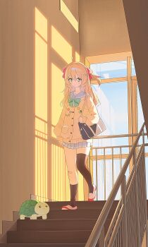 1boy 1girl absurdres ahoge aqua_bow aqua_bowtie bag bandaid bandaid_on_knee bandaid_on_leg black_socks black_thighhighs blue_eyes blue_sailor_collar blue_skirt bow bowtie brown_hair cardigan closed_mouth commentary_request day duffel_bag from_side full_body hair_between_eyes hair_ribbon highres indoors long_hair long_sleeves miniskirt neuro-sama pleated_skirt red_ribbon red_shoes ribbon sailor_collar shiokori shoes single_sock single_thighhigh skirt smile socks stairs thighhighs turtle vedal987 vedal_ai walking yellow_cardigan