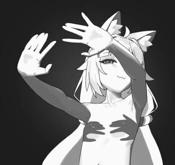 1girl :3 ahoge animal_ear_fluff animal_ears animated cat_ears closed_mouth flat_chest greyscale hand_shadow_covering_breasts_(meme) indie_virtual_youtuber karassawa lifebuoy_hair_ornament loli long_hair looking_at_viewer meme monochrome navel outstretched_arms sameko_saba shadow solo tagme topless_female video virtual_youtuber