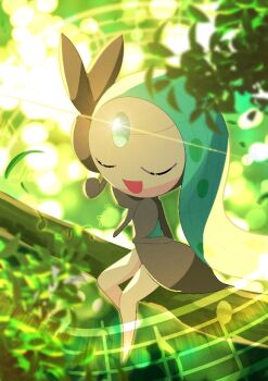 1girl blurry blurry_background branch closed_eyes commentary_request forehead_jewel full_body gen_5_pokemon glint in_tree legendary_pokemon meloetta meloetta_(aria) mythical_pokemon nintendo omega_takai open_mouth pokemon pokemon_(creature) sitting sitting_in_tree solo tree