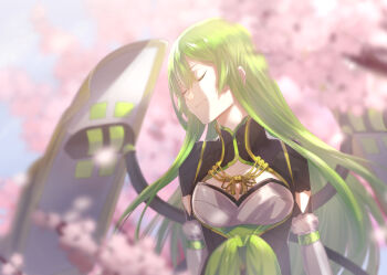 1girl armor blunt_bangs blurry blurry_background cherry_blossoms cleavage_cutout closed_eyes closed_mouth clothing_cutout falling_petals floating_hair fur_trim green_hair green_sash highres hizamaru_(tenka_hyakken) japanese_armor long_hair onasu_(sawagani) outdoors petals rope sash short_sleeves shoulder_armor sidelighting smile sode solo sunlight tenka_hyakken upper_body