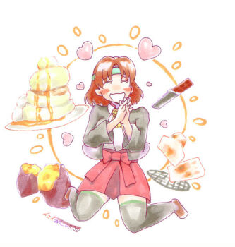 1girl blazer blush brown_hair chiyoda_(kancolle) chocolate closed_eyes cooking food grilling hakama hakama_skirt happy heart jacket kantai_collection kneeling marshmallow pancake signature simple_background skirt smile sweet_potato syrup zettai_karen_children