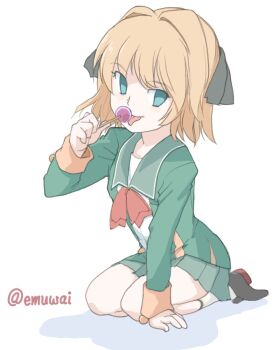 1girl black_ribbon blue_eyes brown_hair candy emuwai food green_jacket green_sailor_collar green_serafuku green_skirt hachijou_(kancolle) holding holding_candy holding_food holding_lollipop jacket kantai_collection lollipop long_sleeves looking_at_viewer neck_ribbon one-hour_drawing_challenge pleated_skirt red_ribbon ribbon sailor_collar school_uniform serafuku short_hair simple_background skirt solo white_background