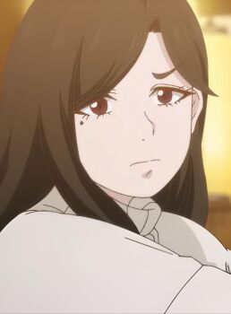1girl angry brown_eyes brown_hair futari_solo_camp highres long_hair looking_at_viewer ozora_saya sweater upper_body