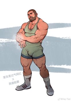 1boy arm_hair bara beard bulge buzz_cut chest_hair dark-skinned_male dark_skin facial_hair full_body hairy head_tilt hey-ted highres large_pectorals leg_hair looking_at_viewer male_focus mature_male muscular muscular_male original pectoral_cleavage pectorals powder short_hair singlet solo strongman_waist thick_eyebrows thick_thighs thighs very_short_hair wrestler wrestling_outfit