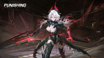 1girl bad_link black_horns breasts clawed_gauntlets cleavage closed_mouth copyright_name curtained_hair dragon_horns dragon_tail feet_out_of_frame gradient_hair highres holding holding_polearm holding_weapon horns lance large_breasts legs_apart looking_at_viewer mechanical_arms mechanical_legs mechanical_tail multicolored_hair official_art polearm punishing:_gray_raven red_eyes red_hair red_streaks solo standing streaked_hair tail veronica:_aegis_(pgr) veronica_(pgr) weapon white_hair