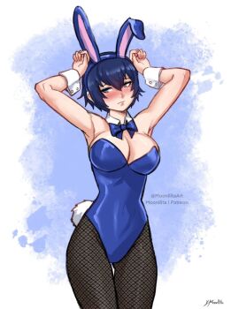 1girl animal_costume armpits arms_up blue_eyes blue_hair blush bow bowtie female_focus kuki_(kukimoonie) nipples persona persona_4 rabbit rabbit_costume rabbit_ears rabbit_tail shirogane_naoto short_hair