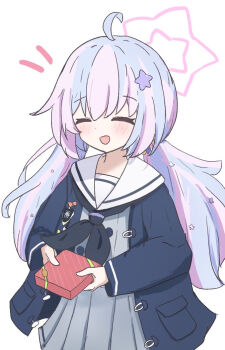 1girl ahoge beads black_neckerchief blue_archive blue_hair blush box closed_eyes commentary_request gift gift_box grey_serafuku grey_skirt hair_beads hair_ornament halo holding holding_gift jacket long_hair long_sleeves low_twintails meru1178 multicolored_hair neckerchief open_clothes open_jacket open_mouth pink_hair pink_halo pleated_skirt reisa_(blue_archive) sailor_collar school_uniform serafuku simple_background skirt smile solo star_(symbol) star_hair_ornament star_halo twintails white_background white_sailor_collar