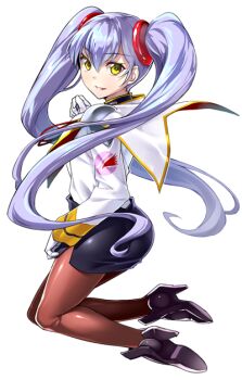 1girl black_skirt blue_hair chikugen_shiina commentary_request full_body hair_ornament hoshino_ruri kidou_senkan_nadesico long_hair long_sleeves looking_at_viewer pantyhose simple_background skirt smile solo twintails white_background yellow_eyes