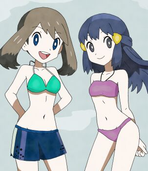 absurdres amayzing2002 bikini blue_eyes breasts brown_hair curvy dawn_(pokemon) highres long_hair looking_at_viewer may_(pokemon) medium_hair nintendo open_mouth pink_bikini pokemon pokemon_(anime) pokemon_dppt simple_background small_breasts swimsuit