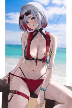 1girl absurdres bare_shoulders beach bikini blue_eyes blue_sky blush breasts choker cleavage cloud collarbone colored_inner_hair diamond-shaped_pupils diamond_(shape) earrings eyewear_on_head gem hair_ornament highres honkai:_star_rail honkai_(series) jewelry large_breasts looking_at_viewer medal medium_hair midriff mole mole_on_thigh multicolored_hair navel ocean pulling red_bikini red_hair sasa_(sasa_ekakiman) shirt sitting sky smile swimsuit symbol-shaped_pupils thigh_strap thighs topaz_(honkai:_star_rail) wet white_shirt wide_hips wristband