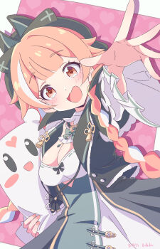 Rule 34 | 1girl, alias anono, alias anono (1st costume), alias anono (cosplay), black bow, black hat, black jacket, blush stickers, bow, bowtie, breasts, cleavage, commentary request, commission, cosplay, green bow, green bowtie, hat, heart, heart-shaped pupils, highres, hinata hirune, indie virtual youtuber, jacket, multicolored hair, open clothes, open jacket, open mouth, orange eyes, orange hair, pillowdear, shadow, skeb commission, streaked hair, symbol-shaped pupils, tassel, virtual youtuber, white hair