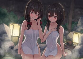 2girls arm_strap black_cat blush bow braid breasts brown_hair bucket cat chomusuke closed_mouth covered_navel hair_bow highres icetea_art kono_subarashii_sekai_ni_shukufuku_wo! lantern long_hair looking_at_viewer medium_breasts medium_hair megumin multiple_girls naked_towel onsen open_mouth red_eyes rock sidelocks sitting small_breasts steam thighs towel twintails wavy_mouth wet wet_towel wooden_bucket yunyun_(konosuba)