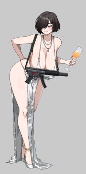 1girl absurdres alcohol amx1375 anklet arm_behind_back bare_shoulders breasts champagne_flute cleavage closed_mouth commentary_request cup dress drinking_glass grey_background gun gun_sling h&amp;k_mp5sd hair_over_one_eye hanging_breasts heckler_&amp;_koch high_heels highres huge_breasts jewelry korean_commentary leaning_forward looking_at_viewer nail_polish necklace original pelvic_curtain plunging_neckline purple_eyes purple_nails revealing_clothes ring_light_reflection short_hair silver_dress simple_background smile sparkle submachine_gun suppressor weapon