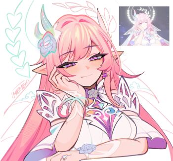 1girl absurdres artist_name breasts commentary cyrene_(honkai:_star_rail) cyrene_(ripples_of_past_reverie)_(honkai:_star_rail) dress earrings english_commentary flower hair_flower hair_ornament halo hand_on_own_cheek hand_on_own_face highres honkai:_star_rail honkai_(series) jewelry large_breasts long_hair memeh pink_hair pointy_ears purple_eyes reference_inset ring smile solo very_long_hair wedding_ring white_background white_dress