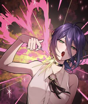 1girl bare_arms bare_shoulders black_choker black_ribbon blood blood_from_mouth breasts chainsaw_man choker collared_shirt explosion explosion_background green_eyes grenade_pin hair_between_eyes heart heart-shaped_pupils highres light_blush looking_at_viewer medium_breasts medium_hair neck_ribbon nyauuu open_mouth purple_hair reze_(chainsaw_man) ribbon shirt sleeveless sleeveless_shirt solo symbol-shaped_pupils updo upper_body white_shirt